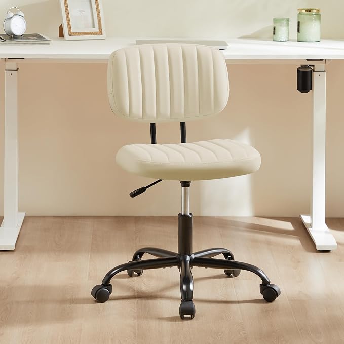 Sweetcrispy Small Office Desk Chair, Armless PU Leather with Comfy Lumbar Support, Height Adjustable Rolling Swivel Task for No Arms, for Adult, Student, Bedroom, Home, Vanity, Beige White