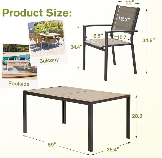 Homall Patio Dining Set 7 Pieces Outdoor Furniture with Large Table and 6 Textilene Chairs for Porch, Poolside, Yard and Garden, Brown