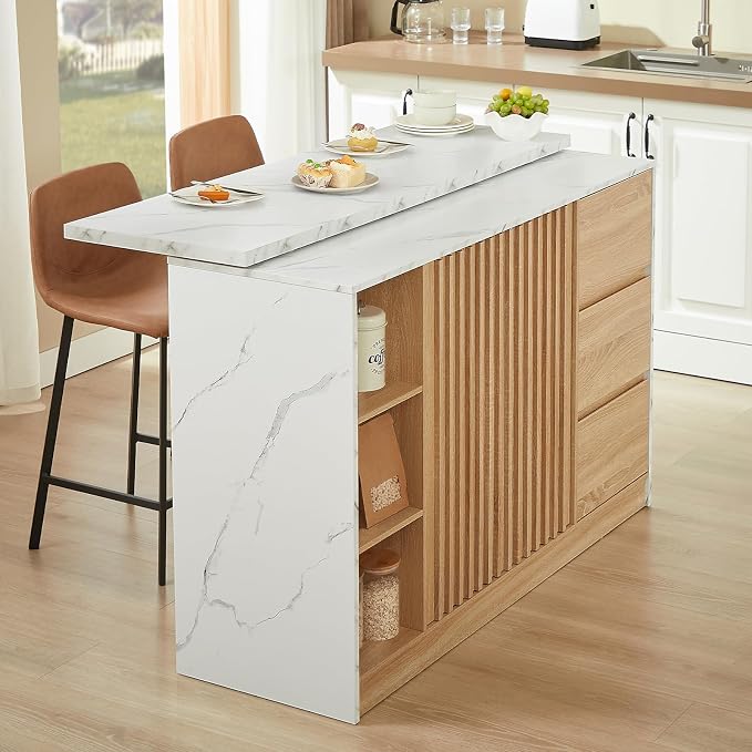ONBRILL 55" Kitchen Island with Storage, Island Table with Sliding Extendable Countertop, Kitchen Island with Power Outlet for Kitchen, Dining Room, Living Room, White