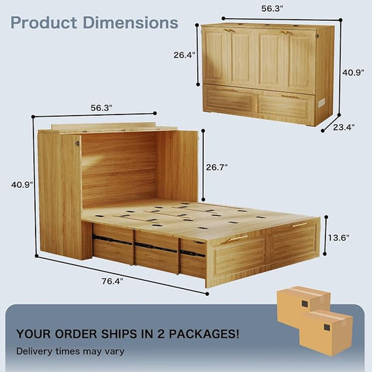 Full Murphy Bed Cabinet: Oak Cabinet Bed with Charging Station, Cube Murphy Beds with Drawers, Modern Hidden Beds for Small Spaces, Guest Room and Office