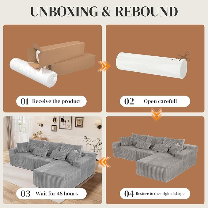 110" L Shaped Cloud Boneless Sectional Couches for Living Room, Modern Comfy Modular Deep Seat Memory Foam Compressed Corduroy Sofa Oversized Right Facing Chaise, No Assembly Required, Grey
