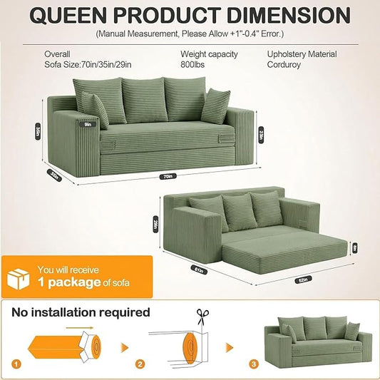 Oversize Loveseat Boneless Convertible Sofa Bed, Folding Floor Futon Sleeper Sofa Queen Size Couch Bed- Boneless Foldable Couch, Corduroy Pull Out Sofa Bed with 5 Pillows for Living Room & Bedroom