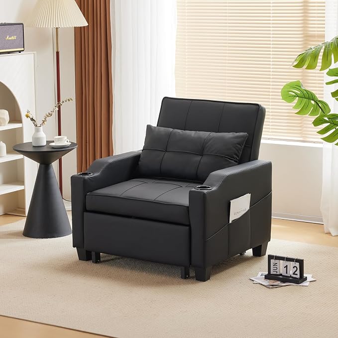 VINGLI Sleeper Chair 3-in-1 Convertible Sofa Bed Adjustable Recliner Sofa Modern Pull Out Couch Bed with 2 USB Ports 2 Cup Holders 2 Side Pockets for Living Room Bedroom Small Spaces, Black