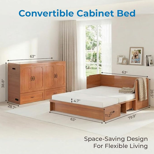 Mjkone Queen Murphy Bed with Mattress Include, Murphy Cabinet Bed with USB Charging Station, Hidden Cube Cabinet Beds with Large Storage Drawer for Bedroom Guest Room Home Office, Cherry