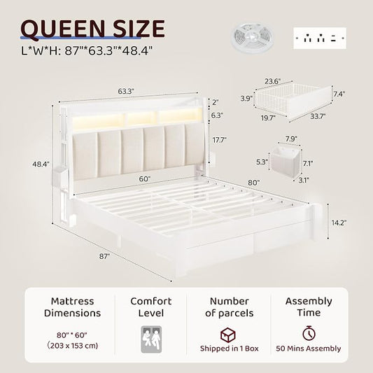 BRELTAM Queen Size Bed Frame with Storage Drawers Upholstered Bed with 2-Tier Storage Headboard and LED Light&Charging Station,Metal Platform Bed Frame Queen Size,Noise Free,No Box Spring Needed,White
