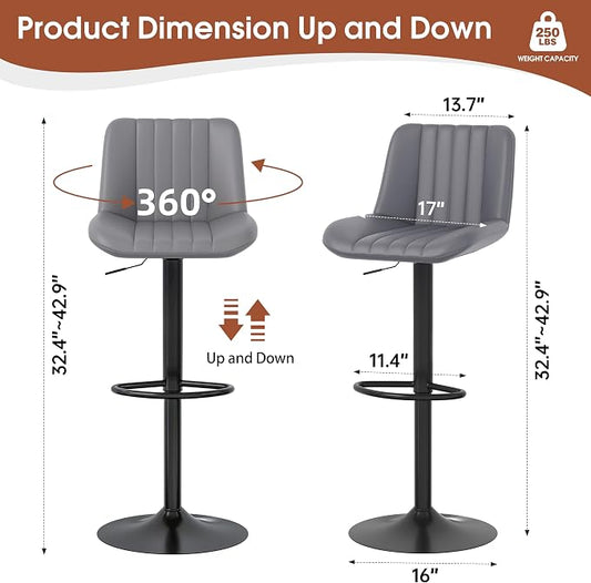 JAMFLY Modern Leather Bar Stools – Swivel & Height-Adjustable Bar Chairs with Footrest, Ergonomic Design for Kitchen Island, Home & Commercial Bar – Set of 2, Grey