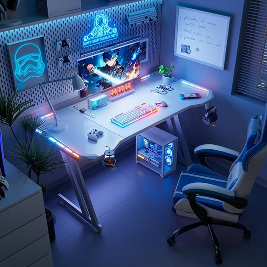 HLDIRECT 47 Inch Gaming Desk with LED Lights Carbon Fibre Surface Gaming Table Large Computer Desk Ergonomic Home Office Desks Z Shaped PC Gamer Workstations with Cup Holder & Headphone Hook White