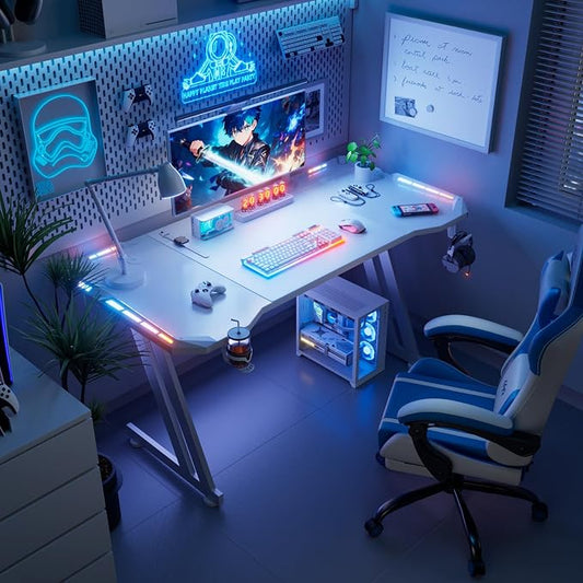 HLDIRECT 63 Inch Gaming Desk with LED Lights Carbon Fibre Surface Gaming Table Large Computer Desk Ergonomic Home Office Desks Z Shaped PC Gamer Workstations with Cup Holder & Headphone Hook White