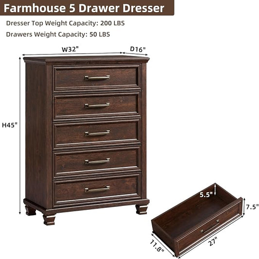 SAVOR LIFE Farmhouse Chest of Drawers for Bedroom, 45” Tall Dresser for Closet, Rustic Wood Dressers for Bedroom, Hallway, Entryway, Walnut