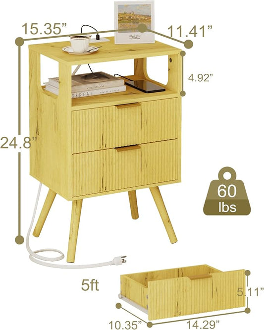 JOONEE Nightstand with Charging Station and LED Lights,Modern Bedside Table with 2 Storage Drawer and Open Wood Shelf, for Bedroom and Small Spaces,Night Stand with Solid Wood Legs (Yellow Oak)
