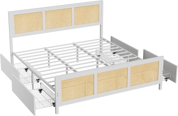 GarveeHome White Rattan Bed Frame with Headboard, Boho Cane Platform King Size Bed Frame with 4 Drawers, Strong Metal Slats Support, Noise Free, No Box Spring Needed
