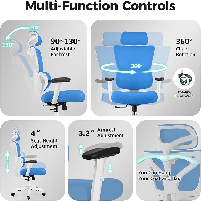Ergonomic Office Chair High Back Desk Chair with Lumbar Support, Breathable Mesh Computer Chair with Adjustable Armrests Height, Reclining Swivel Big and Tall Gaming Chair for Home Office(Sky Blue)