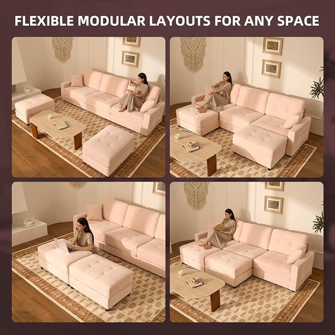 112" U Shaped Modular Cloud Sectional Couch, Waffle Fabric, Pink | Modular Deep Seat Sofa, Movable Ottoman, Pocket Spring Cushions, 2-Box Delivery, Living Room Lounge Use, Not Boneless