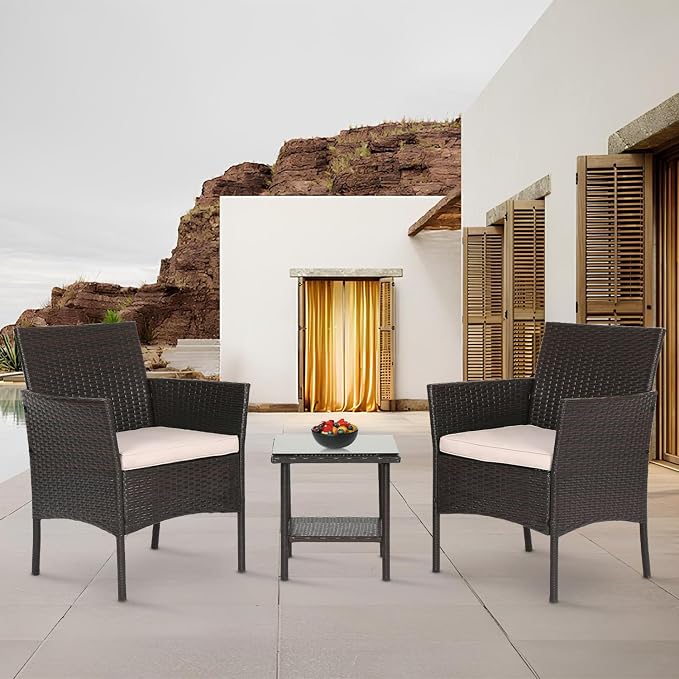 FDW Patio Bistro Conversation Set Wicker Furniture 2 Rattan Chairs Cushions and Glass Coffee Table for Porch Lawn Garden Balcony Backyard, 3 Pieces, Brown and Khaki