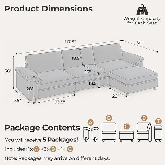 SITJOY Large Cloud Couch, 118" Wide 3 Seater L Shape, Chenille in Navy Blue | Detachable and Washable Chenille Cover Sectional Sofas for Living Room, Deep Seat Wide Couch with Chaise, Storage Ottoman