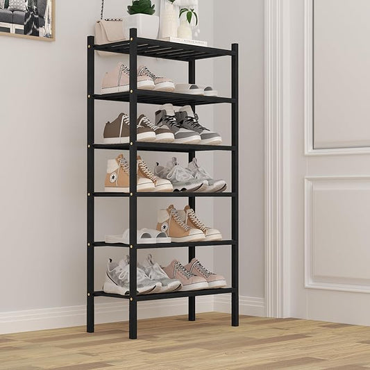 ROMGUAR CRAFT 6-Tier Bamboo Small Shoe Rack, Free Standing Wood Shoe Shelf Storage Organizer for Closet Entryway Stackable (Black)