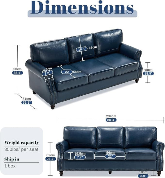 Kingfun Mid-Century Modern Couch, Faux Leather Sofa, 3 Seater Couch for Living Room with Rolled arms & Nailhead Trim, Blue