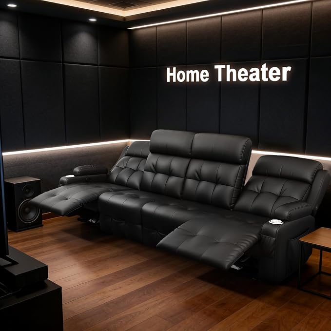 Reclining Couch, 113" PU Leather Sofa Recliner with Massage - 4 Seat Home Theater Seating Comfy Soft, Manual Wall Hugger Reclining with Lumbar Support Sofa Set for Family Living Room, Black