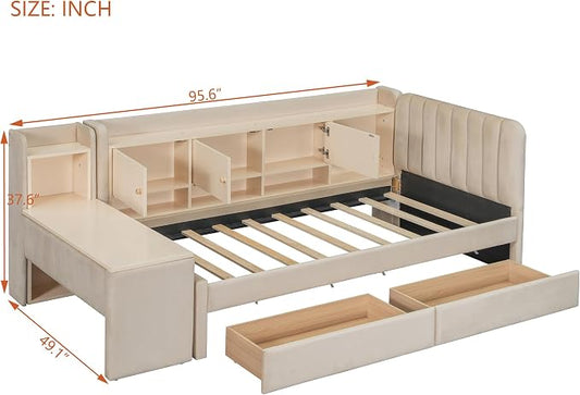 Bellemave Twin Corner Bed with Storage Shelves and Desk, Upholstered Daybed with Bookcase and Drawers,Daybed with Storage, Beige