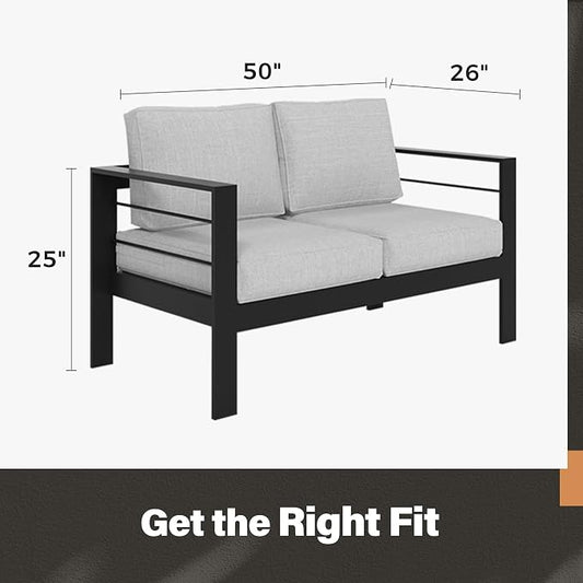 Solaste Aluminum Patio Loveseat, Metal Patio Sofa with Water-Resistant Cushion, Weather-Resistant Modern Outdoor Loveseat, Black Frame Grey Cushion