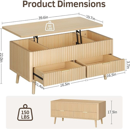 Lift Top Coffee Table with Storage - Fluted Wood Coffee Tables for Living Room with Drawers & Hidden Compartment, Mid Century Modern Square Large Center Table for Home Office, Reception