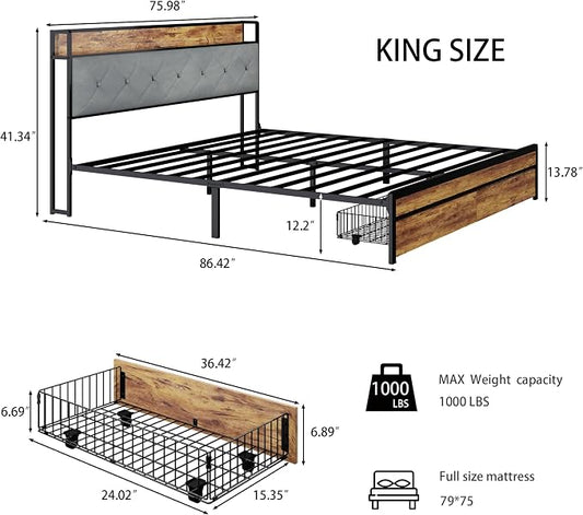 King Size Metal Platform Bed Frame with 2 Storage Drawers, LED Light, Velvet Headboard with USB Port - Heavy Duty, Brown Wooden Panel, No Box Spring Needed - King Bed Frame with Storage (Brown, King)