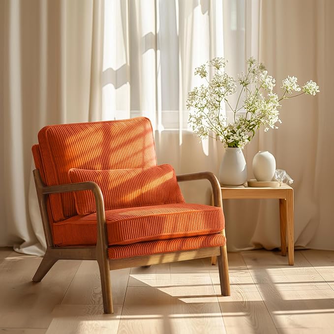 VINGLI Upgraded Premium Corduroy Accent Chair,Upholstered Arm Chair,Solid Wood Comfy Reading Chair with Lumbar Pillow, Mid Century Modern Chairs for Living Room,Bedroom,Burnt Orange
