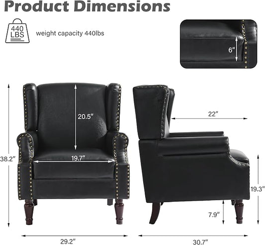 Faux Leather High Back Accent Chairs Set of 2, Upholstered Armchair for Living Room, Retro Wingback Arm Chair Nailhead Trim Single Sofa Bedroom Reading Seat with Solid Wood Legs - Black