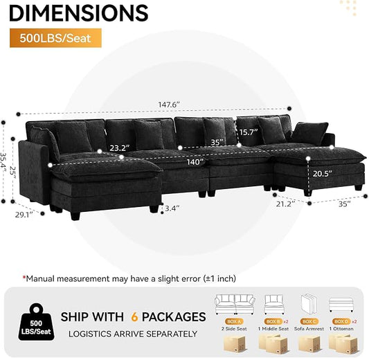 147'' Modualr Sectional Cloud Deep Seat Couch, Oversized Chenille U Shaped Sectional Sofa for Living Room Set, Comfy Upholstered Modular Sectional Sofa Couch with 2 Movable Ottoman, Dark Grey