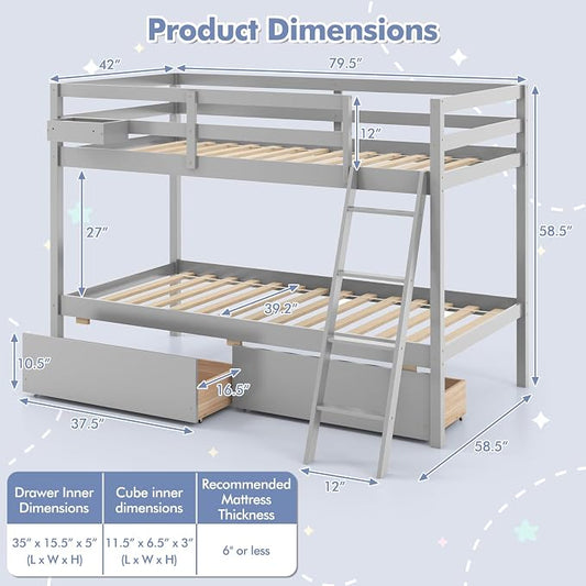 KOTEK Bunk Bed Twin Over Twin with 2 Storage Drawers, Solid Wood Bunk Bed Frame with Storage Cube, Guardrails, Ladder, No Box Spring Needed, Twin Bunk Beds for Kids Teens (Grey)