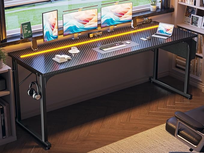 DurayLoly 71" Gaming Desk with LED Lights, Large Office Desk for 3 Monitors or 2 laptops,Long Desk with Storage Bag&Headphone Hook for Study Writing Work Wood Desk,Sturdy Metal Frame,Black