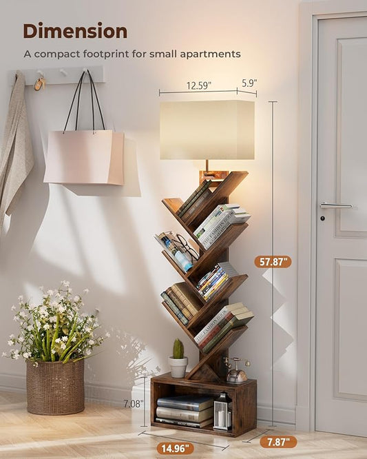 Evermagin 6 Tier Tree Bookshelf with Smart Light, Small Bookcase Tower with Remote Control, Tall Floor Standing Book Organizer for Living Room, Bedroom & Home Office, Rustic Brown