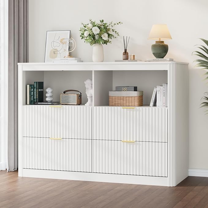 Nursery Dresser, 4 Large Drawers Wood Baby Changing Dresser with Raised and Detachable Changing Table Top, Fluted Chest with Gold Handles, Baby Storage Organizer for Kids Bedroom, Nursery Room, White