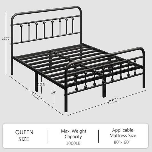 zunatu Queen Size Metal Platform Bed Frame/Victorian Style Headboard and Footboard/Steel Slat Support/Easy Assembly/No Box Spring Needed/Underbed Storage/Noise Free/Black