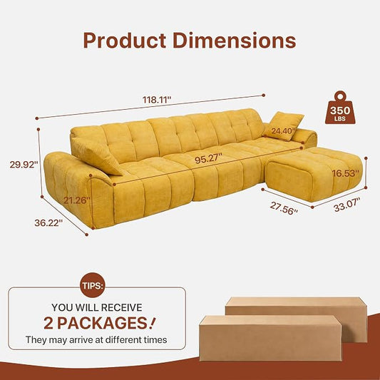 Claiks 118" Modern Boneless Couch, Corduroy Modular Cloud Sofa for Living Room, Deep Seat Sectional with Movable Ottoman, No Assembly Required, Yellow