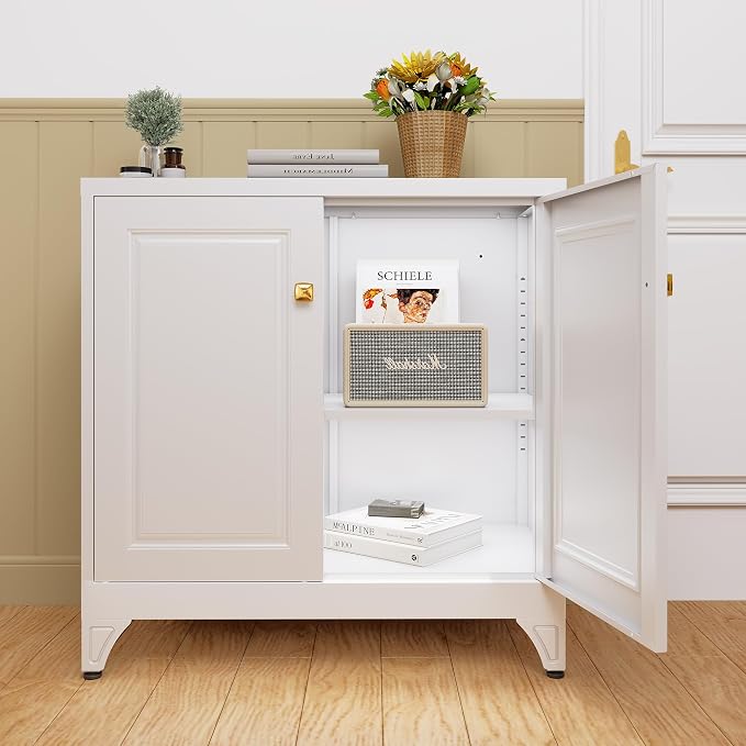 UNICOLY Sideboard Buffet Cabinet, 33" H Sideboard Buffet Storage Cabinet with Doors and Shelves, Coffee Bar, Metal Side Board Cabinets for Living Room, Assembly Required, White