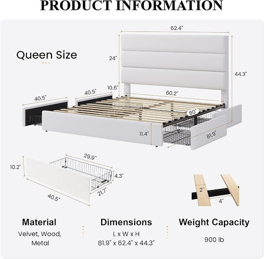 SHA CERLIN Queen Size Platform Bed Frame with 4 Storage Drawers, Velvet Upholstered Headboard, Mattress Foundation with Wooden Slats Support, No Box Spring Needed, Easy Assembly, White