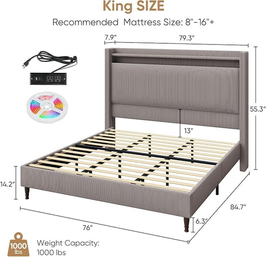 King Bed Frame with 55.3" Tall Headboard, Corduroy Upholstered Platform Bed with LED Lights & Charging Station, Wingback Storage Headboard, Solid Wood Slats,Noise Free,No Box Spring Needed,Gray Brown