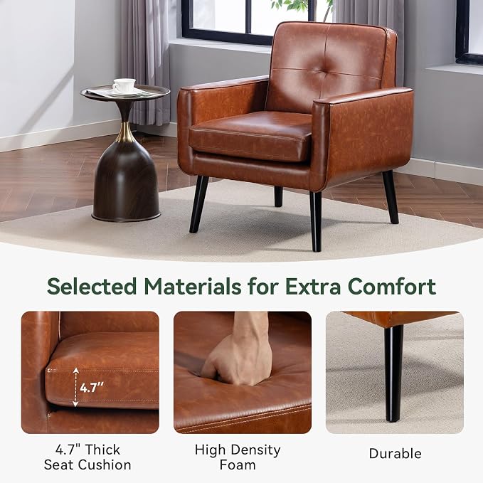 Vogue Furniture Direct Mid Century Accent Chair, PU Leather Modern Chair with Wooden Frame, Cozy Armchair Reading Chair with Comfy Back for Apartment, Living Room, Bedroom, Small Space, Corner, Brown