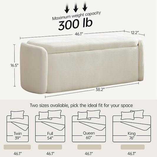 VKNOW 46" Oval Storage Ottoman Bench, Upholstered End of Bed Bench Ottomans Bench Foot Rest, Sherpa Storage Bench for Bedroom, Living Room and Hallway, Beige
