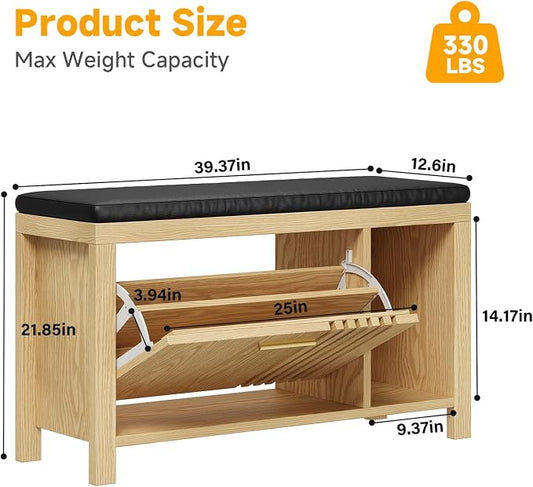 UNIQUITE 40" Shoe Storage Bench with Flip Drawers & Padded Seat Cushion, Open Compartments & Slatted Doors, Entryway Bench with Shoe Storage for Entryway, Hallway, Living Room, Bedroom, Natural