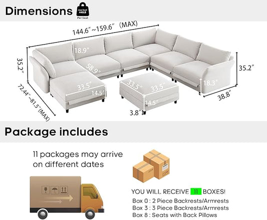 DreamDashio Extra Large Deep Cloud Sectional Sofa, 159" U Shaped Modular Sectional Couches for Living Room with Adjustable Arms Backs, Storage Seat, Thick Plush Cushions, Beige Chenille
