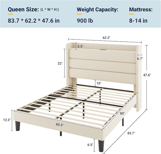 Allewie Queen Size Upholstered Bed Frame with Charging Station & Storage Headboard, Soft Velvet Wingback Platform Bed, Strong Wooden Slats Support, No Box Spring Needed, Easy Assembly, Cream