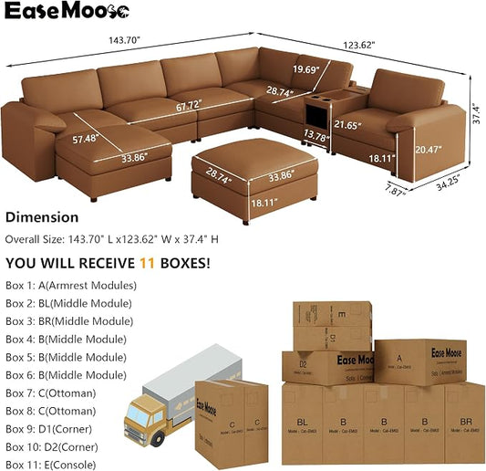 EASE MOOSE Faux Leather Sectional Couch with Console, Oversized Modular Sofa, Modern Comfy Modular Couch, Scratch Resistant Material Sofas, U Shaped Couch for Big Spaces,Brown