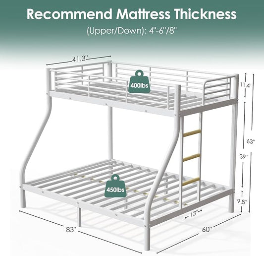 Twin XL Over Queen Bunk Bed Size, Heavy Duty Bunk Beds with Bottom Space & Guardrail Metal Bunk Bed Frame for Adults Dorm Bedroom Guest Room, No Box Spring Needed(Upgrate White)