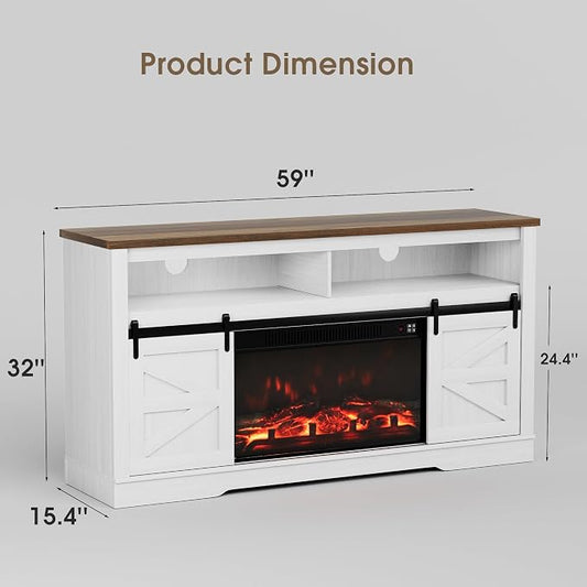JUMMICO Fireplace TV Stand for 65+ Inch TV with 26'' Fireplace Entertainment Center with Storage Cabinet and Adjustable Shelves Media Console with Sliding Barn Door for Living Room (Milk White)
