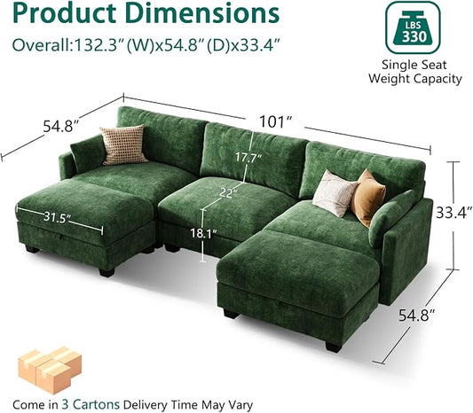 Modular Sectional U Shaped Sofa Couches for Living Room, Cloud Couch with Storage Ottoman, Comfy Chenille Sofa with Pillow, Green