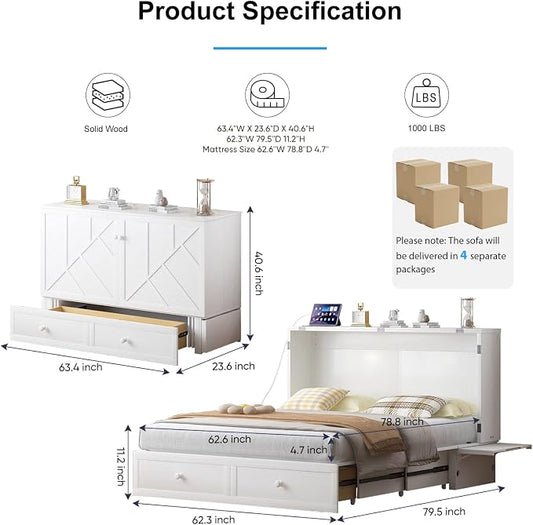 PUREMIND Murphy Bed Queen with Mattress Included, Hideaway Wallbed Cabinet Bed with 2 Storage Drawers, USB Charging Ports & Headboard, Space-Saving Chest Beds for Home, Guest Room, White