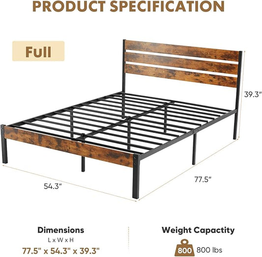 OLIXIS Full Size Platform Bed Frame with Wooden Headboard and Footboard, Heavy Duty Metal Slat Mattress Base, 800 LBS Weight Capacity, Sturdy Stable Structure, No Box Spring Needed