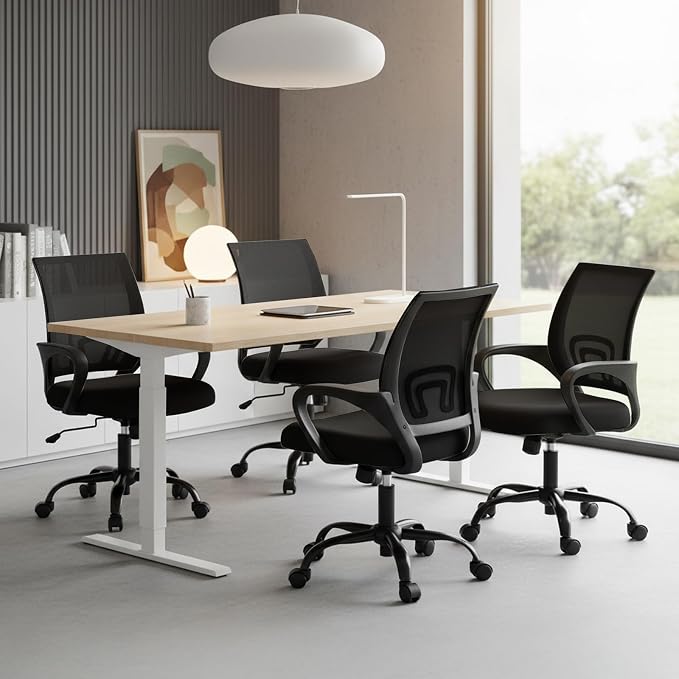 OLIXIS Office Desk Chair - Ergonomic Mid Back with Lumbar Support & Rocking Mode, Height Adjustable with Fixed Armrest, Storage Back for Computer, Gaming, Conference, Meeting, 360° Swivel, Black